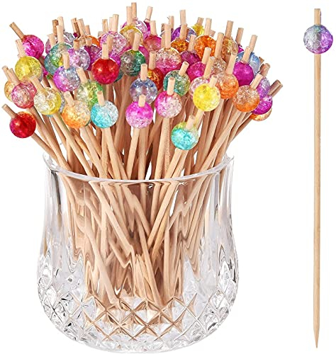 ALINK 100 Cocktailspieße Holz Spieße Fingerfood Partypicker mit Bunter Acrylperle12 cm für Grillgut, Fingerfood, Obst-Spieß, Candy und Antipasti für Party Geschenk Fasching Geburtstag Party