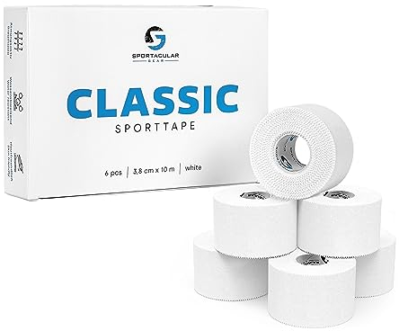 Sportacular Gear Sporttape Classic 6 Rollen | 3,8cm x 10m | starres, nicht elastisches Tape | wasserabweisend, hautfreundlich, Baumwolle (6 Rollen, weiß)