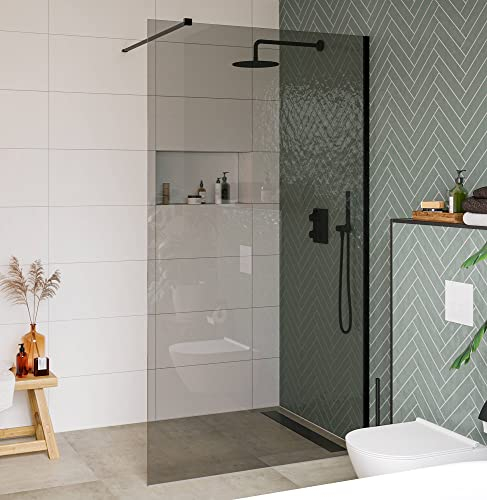 Saqu Modulo Duschwand inkl. Antikalk 120x210 cm - Walk in Dusche mit Stabilisator - NANO Glas Duschtrennwand Badewanne Duschwand graues Glas/matt schwarz