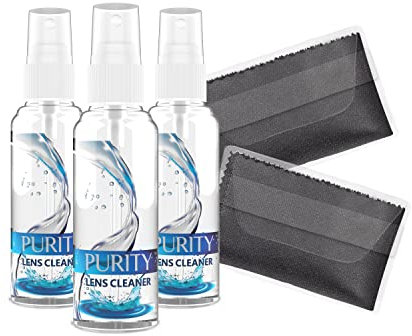 Purity Eyeglass Lens Cleaner Kit - 3 x 2oz Travel Size Lens Cleaner Spray Bottle + 2 Microfiber Cleaning Cloths - Safe for All Lenses (AR Coated Included), Eyeglasses and Screens - Clear