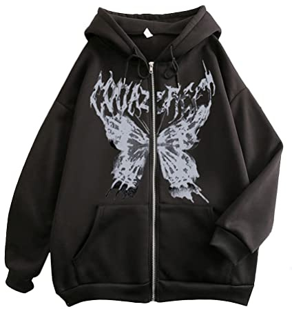 Tomwell Women's Y2K Jacket, Zip-Up Hoodies, Goth Skeleton, Strass Graphics, Harajuku Oversized Sweatshirt, Vintage Hooded Jacket, Drawstring Sweat Jacket with Hood, 90s E-Girl Tops, C Black, L