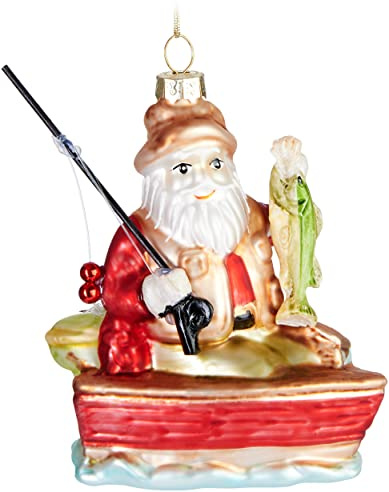 BRUBAKER Angler Weihnachtsmann mit Angel und Fisch Weihnachtskugel aus Glas | Handbemalt und Mundgeblasen - Christbaumschmuck Lustig - Figuren Weihnachtsdeko Anhänger - Deko Baumkugel