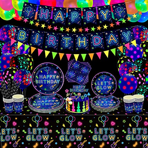 Dvaorc 178 PCS Glow Neon Party Supplies: Neon Balloon Cake Toppers, Birthday Banner, Glow in the Dark Tableware for Blacklight Party Decoration (Serves 20)