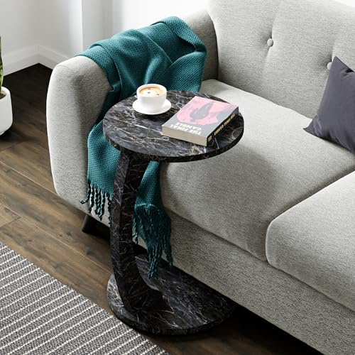 [en.casa] Sidobord Holeby i C-form, mobilt soffbord, vardagsrumsbord, 56 x Ø 38 cm, soffbord, marmor/svart