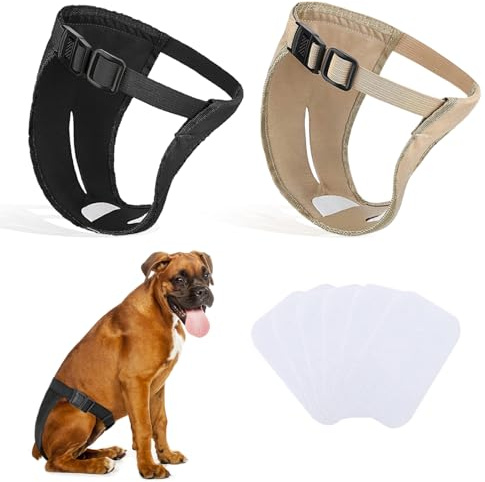 2er-Pack Hundehosen, Hundewindeln mit 6 Damenbinden, verstellbare Schutzhose für Hündinnen bei Hitze, monatliche Blutungen, wiederverwendbar, waschbar, Hygienehose für Hunde (2XL – schwarz und Kamel)