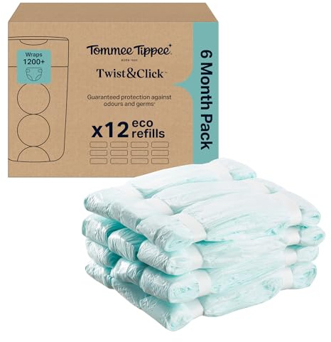 Tommee Tippee Film de Recharge Poubelle à couches Twist & Click, Lot de 12, Longueur 10,5m chacun, Film multicouches antibactérien*, Se glisse dans la cassette Twist & Click, 12 x 10,5m