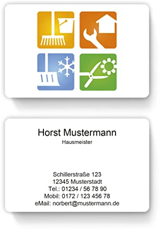 100 Hausmeister Visitenkarten, laminiert, inkl. Kartenspender - Viele Motive verfügbar. Vorlage gleich hier personalisieren. (Design 04)