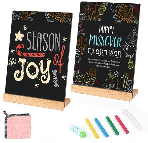 SWAWIS A5 Mini Kreidetafel Klein Kleine Tafel Holzsockel Kreidetafel Aufsteller mit Staubfreie Kreide Doppelseitige Kleine Tafeln Zum Beschriften Tischaufsteller Preisschilder Schiefertafel, 2 Stück