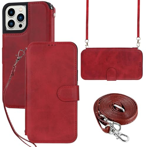 ELTEKER Hülle für iPhone 13 Pro Max Handyhülle mit Band Crossbody Strap, Klapphülle mit dem Verstellbaren Umhängeband - Rot