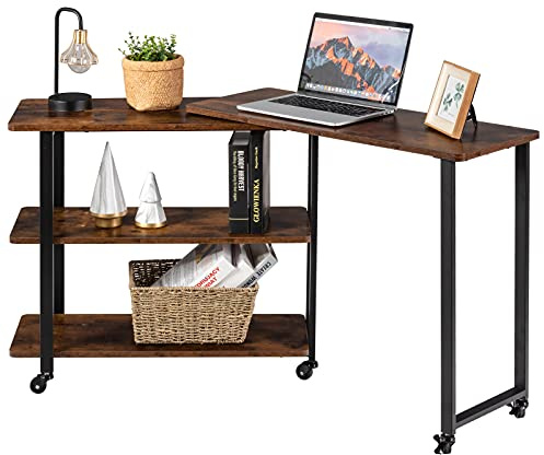 COSTWAY L-förmiger Beistelltisch mit Rollen, Sofatisch mit 3 Ablagen, PC-Tisch, multifunktionaler Laptoptisch, Computertisch, Snacktisch für Zuhause, 360° drehbar, Industrie-Design