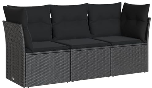 vidaXL Soffgrupp för trädgård med dynor 3 delar svart konstrotting