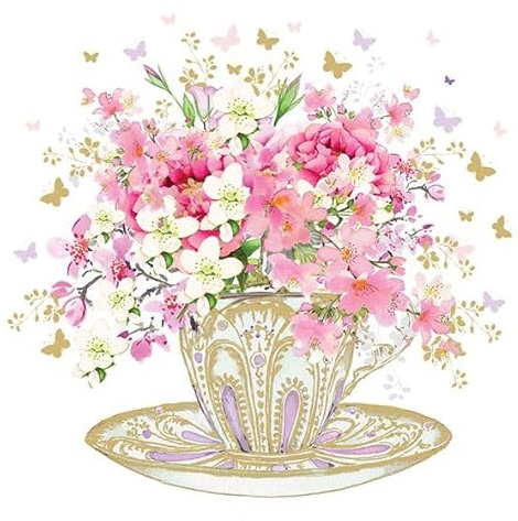 AvanCarte Servietten Tischdeko Geburtstag Natur Blumen in Tasse 20 Stück 3-lagig 33x33cm