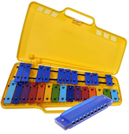ROCKSTAR MUSIC - Pack de Xilófono AX25N3 y Armónica L418 Instrumento Musical, Metalófono, Carrillón, Glockenspiel 25 Notas Metálicas Mazas y Estuche