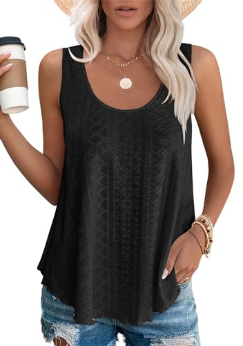 Aokosor Ladies Tops Vest Scoop Neck Sleeveless Eyelet Embroidery Tank Women Summer Clothes
