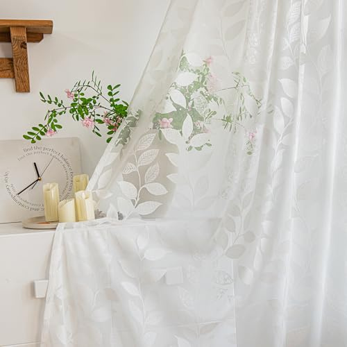 Treatmentex Cortinas Blancas de Encaje con Estampado de Hojas, 136x260cm | Cortinas Translúcidas Modernas con Ojales para Salón y Dormitorio, Filtrado de Luz, Estilo Ligero y Aéreo, 2 Piezas