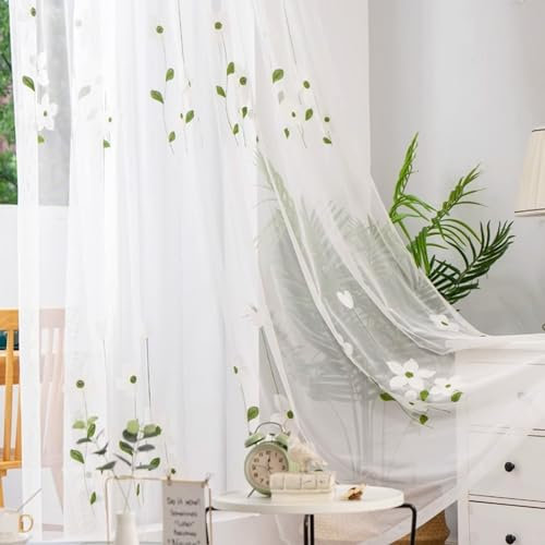 Beydodo Gardinenschals 2er Set Weiß, Vorhänge Halbtransparent Schlaufen Landhausstil Jacquard mit Blumen Motiv 132x274CM Lichtdurchlässige Gardinen Leinen Schiebevorhänge Wohnzimmer Schlafzimmer