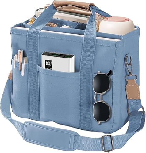 AioTio Canvas Tragetasche Damen Multi-Pocket Tasche Casual Organisiert Schultertasche Tote Bag für Student, Mütter, Büroangestellte(Blau)