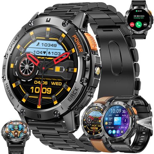 Smartwatch Herren mit Telefonfunktion, 530mAh Akku, 1,43” AMOLED 5ATM Wasserdichte Fitnessuhr mit Taschenlampe Schrittzähler Herzfrequenz, SpO2, Sportuhr Aktivitätstracker für Android iOS (Schwarz)
