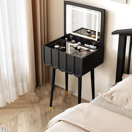 Ernqi Schminktisch mit Beleuchtung, integrierte Klappplatte, platzsparendes Design, umweltfreundliche E1-Materialien, geräuschlose Gleitschienen, Schminktisch mit bequemem Stuhl (Black,A_23.6IN)