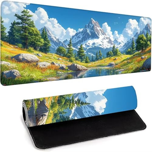 Mauspad XXl Gaming Mauspad 700 x 300 x 3mm Verlängertes Großes Mauspad Schreibtischauflage, Genähte Kanten Mauspad-Rutschfeste Gummibasis - Verbessert Präzision und Geschwindigkeit Grün Landschaft P-J