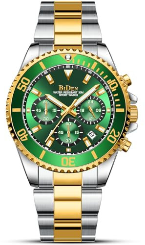 LN LENQIN Relojes Hombre Cronografo Acero Inoxidable Reloj Analógico de Cuarzo multifunción Impermeable Luminoso Fecha Sports Casual Reloj para Hombre (Silver Gold Green)
