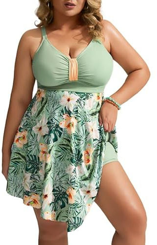Hanna Nikole Women's Plus Size Skirted One-Piece Swimsuits Tummy Control Swimwear Shape Swimming Costume Ruffled Swim Dress Soft Bathing Suits with Built in Swim Shorts