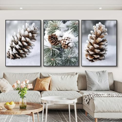 champracer 3er Poster Set, Ohne Rahmen Poster Bilder, Kiefernzapfen Schnee Szene Wohnzimmer Tannenzapfen Deko, Moderne Schlafzimmer Wandbilder Bilder (30 x 40 cm,Kiefernzapfen)