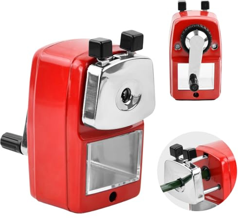 Bleistiftspitzer mit Behälter Metall, Anspitzer mit Kurbel, Manueller Anspitzer für Schreibtisch, Bleistift, Kinder, Schule, Büro (Rot)