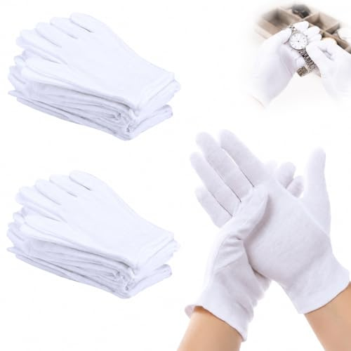 12 Pairs White Cotton Gloves – Moisturising and Breathable Work Gloves for Dry Hands and Eczema, Ideal for Jewelry, Coins, Silver, and Sensitive Surfaces