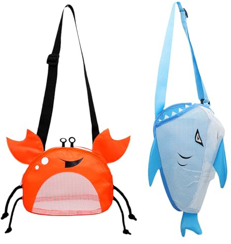 SacJkt Strandtasche, 2 Stück Niedliche Netztasche in Form einer Krabbe und Eines Hais mit Verstellbarem Riemen, Netztasche Strand für Urlaub am Meer（Orange+Blau)