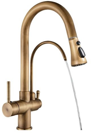 Filtered Pure Water Kitchen Faucet Deck Mount Antique Brass Faucet 360 Rotate Drinking Water Taps Hot/Cold Water Mixer Tap Crane,Antique Brass B