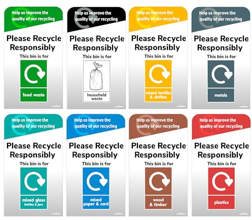 Recycling Bins Stickers - Self Adhesive Vinyl - 170mm × 100 mm, Waterproof Mixed Set Decals Recycling Signs for Indoor Outdoor Use. Made In UK Print Kings