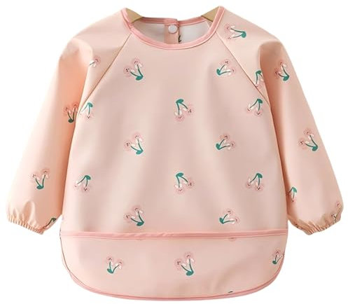 DiiWmme Baby Weaning Bib with Sleeves, Waterproof Washable Coverall for Feeding 0-24 Months, Long Sleeve Soft Bib with Large Pocket, Easy to Clean for Baby Led Weaning (Pink)