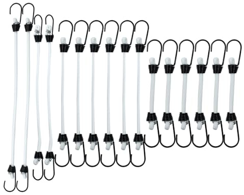 Zorfeter Lot de 16 petits tendeurs élastiques en caoutchouc blanc de 5,1 cm, 10,2 cm, 15,2 cm, 20,3 cm, mini tendeurs élastiques avec crochets pour camping en plein air/outils cargo