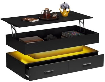 WEALTHOUSE Hydraulic Lift Top Coffee Table with LED Light, Adjustable Height, Storage Compartments, 2 Drawers, and Smart App Bluetooth Control for Living Room, Dining Room, and Office Use (Black)