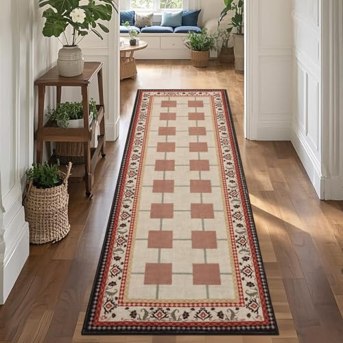 Geanup Vintage Runner Rugs for Hallway 60×180cm, Beige Checkered Washable Kitchen Runner, Non Slip Checkerboard Bedroom Carpet Rug for Entryway Bathroom Corridor Laundry
