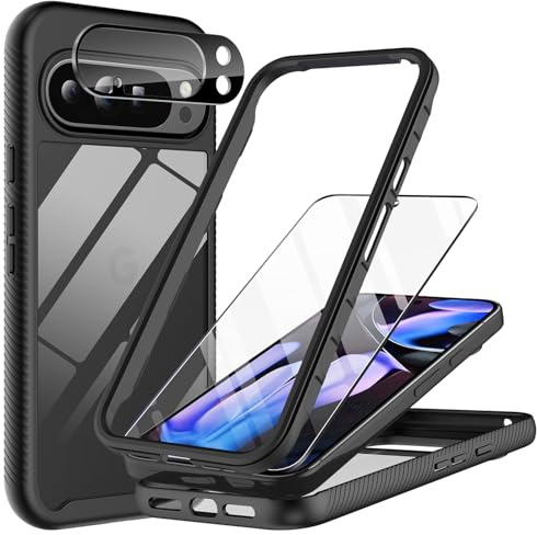 MQERYBV Funda para Google Pixel 10/10 Pro con Cristal Templado Protector Pantalla y Protector cámara, 360 Grados Antigolpes Case Rugged Doble Protección Anti-Choques y Anti-Arañazos Caso, Negro