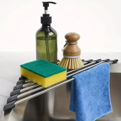 Yjia Small Triangle Roll-Up Dish Drying Rack with Silicone Coating Stainless Steel Frame for Sink Corners, Multipurpose Over-The-Sink Kitchen Drainer & Organizer for Space-Saving Storage (Black)