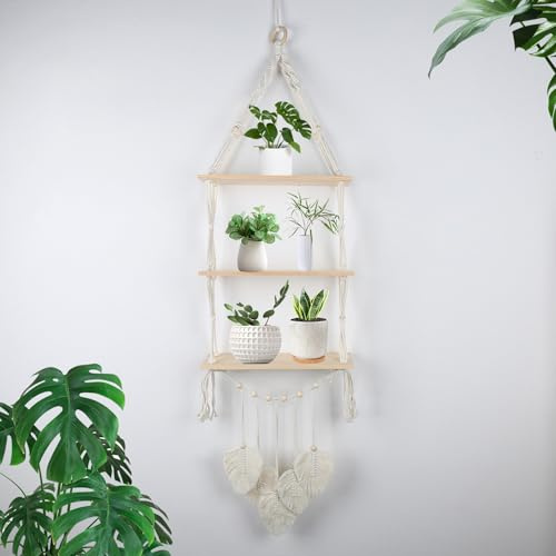 Whoiy Hylla, vägg, vägghylla, trä, 3 djur, makramé, vägghängande hylla, boho, dekoration, svävande hylla, handvävd hängande hylla, flytande hyllor för vardagsrum