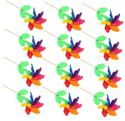 Toyvian Lot de 12 Moulins à Vent De Jardin Arc-en-Ciel 12 Cm Tiges en Bois pour Décoration Extérieure Garçon Et Filles Fête Anniversaire Vacances
