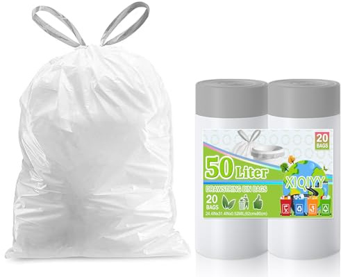 XIQIYY Müllbeutel, 50 l, mit Bindegriff, robuste Küchenmüllbeutel, 50 l, 20 Stück, starke dicke Kordelzug-Müllsäcke für Haushalt, Garten, passend für 50–60 l Mülleimer (65 x 80 cm, weiße Müllsäcke)
