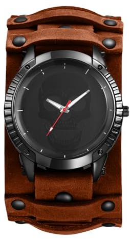 JewelryWe Montre Homme Cuir Steampunk: Montre Bracelet Large Réglable en Cuir Véritable, Cadran Analogique Quartz avec Décor Crâne Style Vintage Accessoir Halloween et Cadeau Originale Anniversaire