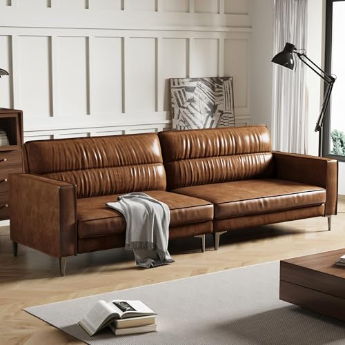 3-Sitzer Sofa in Vintage Lederoptik – Kompaktes Kunstleder Sofa mit Knopfheftung, Metallfüßen & Geraden Armlehnen, Braun – Retro Couch für Wohnzimmer, Büro oder kleine Wohnung (220cm glatte Variante)