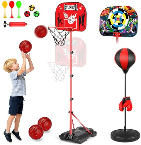 Aragallant Panier Basket Enfant, 3 en 1 Basket Sac de Boxe et Fléchettes, Réglable en Hauteur, Jouet pour Extérieur Intérieur, Cadeaux pour Garçons et Filles pour 3 4 5 6+ Ans