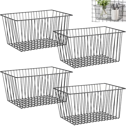 Acellegic 4pcs Hanging Wire Basket Set with S Hooks, 10.8''x7.8''x5.6'' Grid Panel gridwall Storage Baskets for Kitchen, Home Decor, Potted Plants Display, Black Metal Gridwall Accessories