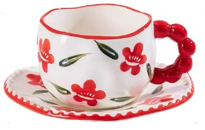 TÜDAZWKA Blumenmuster Kaffeetasse Set unregelmäßige Blumentasse mit Untertasse Porzellan Cappuccinotasse mit Henkel handgemacht Espressotasse für Party Küche Café Bankett (Rot-lächelnd-Blumen)