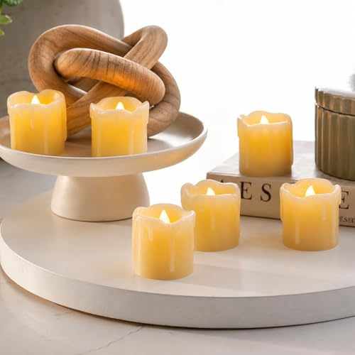 Festive Lights 6er Set batteriebetriebene Echtwachs Teelichter mit Wachstropfen Batterien enthalten LED Votivkerzen flackernde Flamme elektrische Kerzenset flackernd Elfenbeinfarben (6 Teelichter)