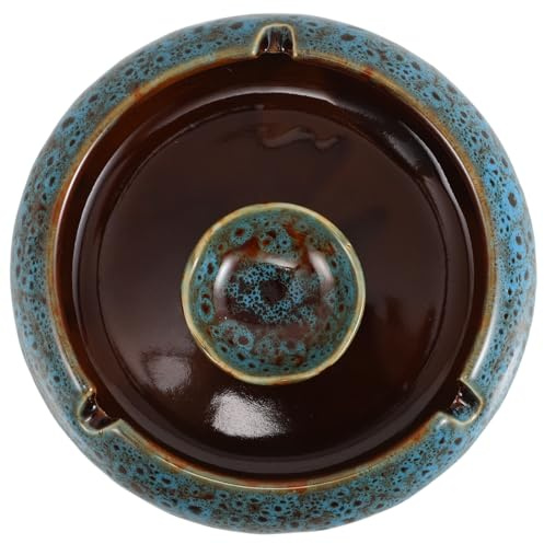 TOBBOMEY Large Ceramic Ashtray with Curved Inner Bowl, Retro Decorative round Ash Holder for Indoor Living Room and Office Use, Blue Glazed Smokers’ Smoking Tray