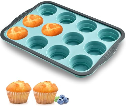 Stampo per Muffin,12 Stampi Teglia per Muffin in Silicone con Telaio Metallico,31x22,2x3,6 cm Muffin Anti-aderente Stampi da Forno Stampo Cupcake Vassoio per Cupcake,Muffin e Dessert (Verde)