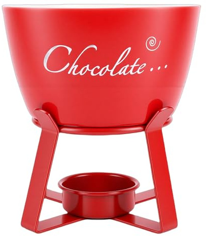 Fdit Schokoladen-Fondue-Becher aus Keramik, Tragbarer Schmelzbecher mit Stabilem Metallständer und Gabel, Teelicht-Kerzenwärmer für Käse, Karamell und Dessert-Dips (Rot)